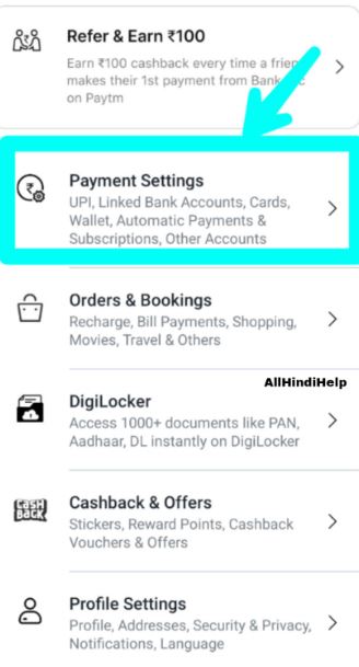 tap on payment setting option in paytm