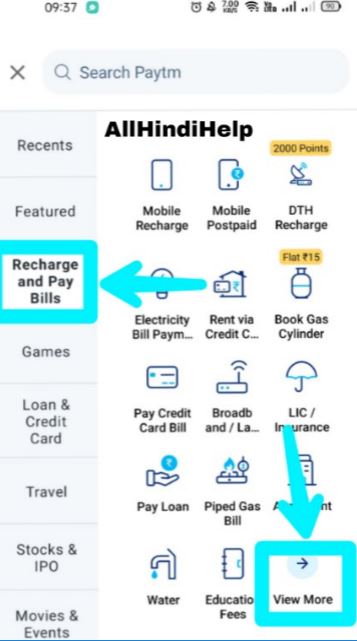 tap on recharge and paybill option