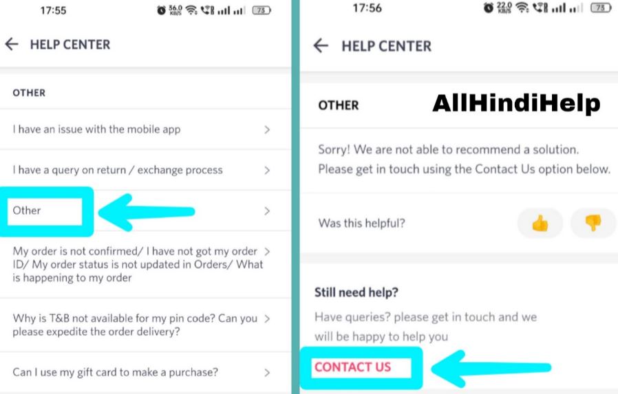 tap on contact us option in myntra app